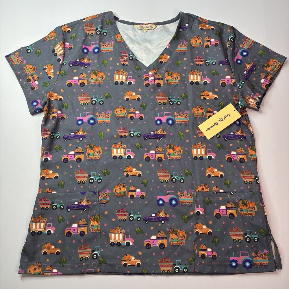 Gabby Brooke VNeck Scrub Top Women's Size L Large Gray New Trucks Fall Print